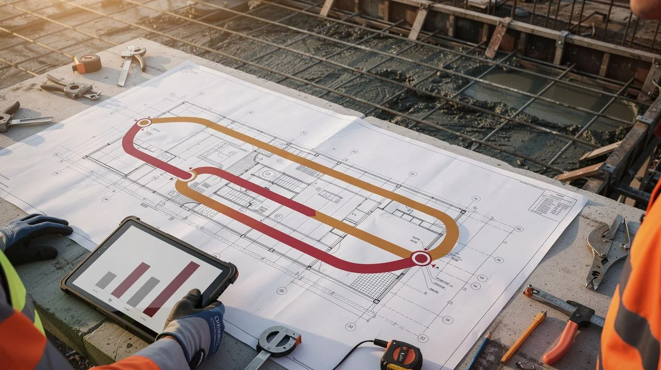 Two parallel timeline ribbons drawn on a construction drawing, intersecting at a delay event marker on a paused concrete pour