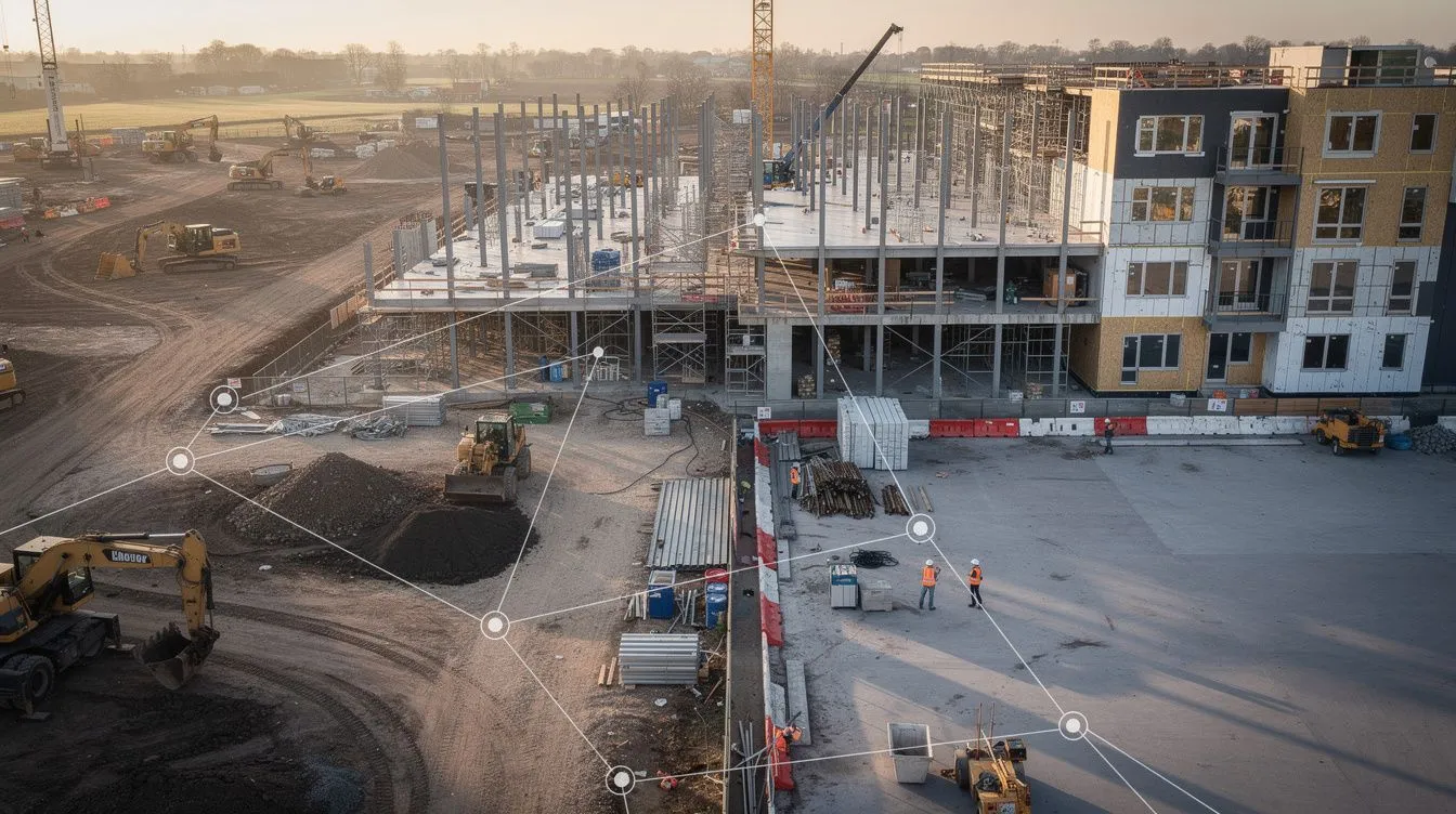 Aerial view of a construction site with sequential phases visible — earthworks, structural steel, and facade — overlaid with a critical path linework