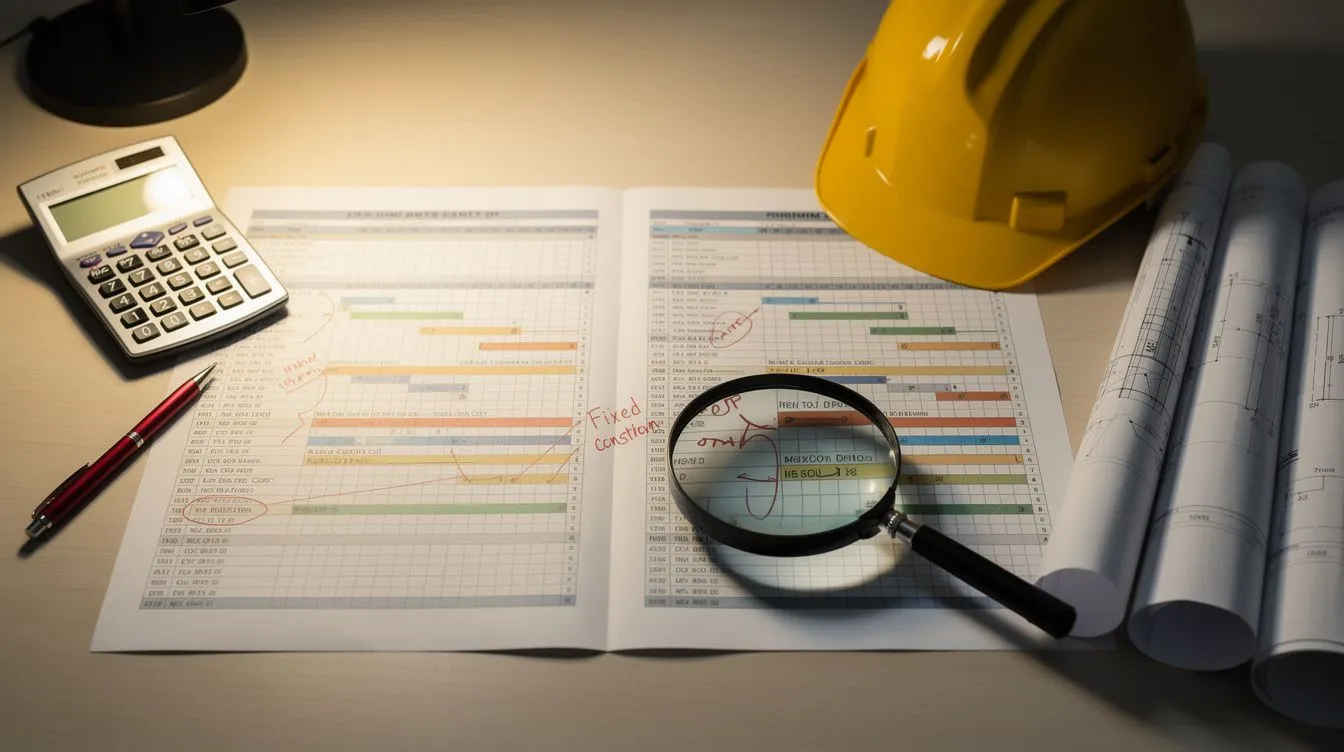 A schedule analyst's desk comparing two printed construction programmes side by side with suspicious changes circled in red, a magnifying glass over altered logic links and constraint markers, a hard hat and calculator to one side