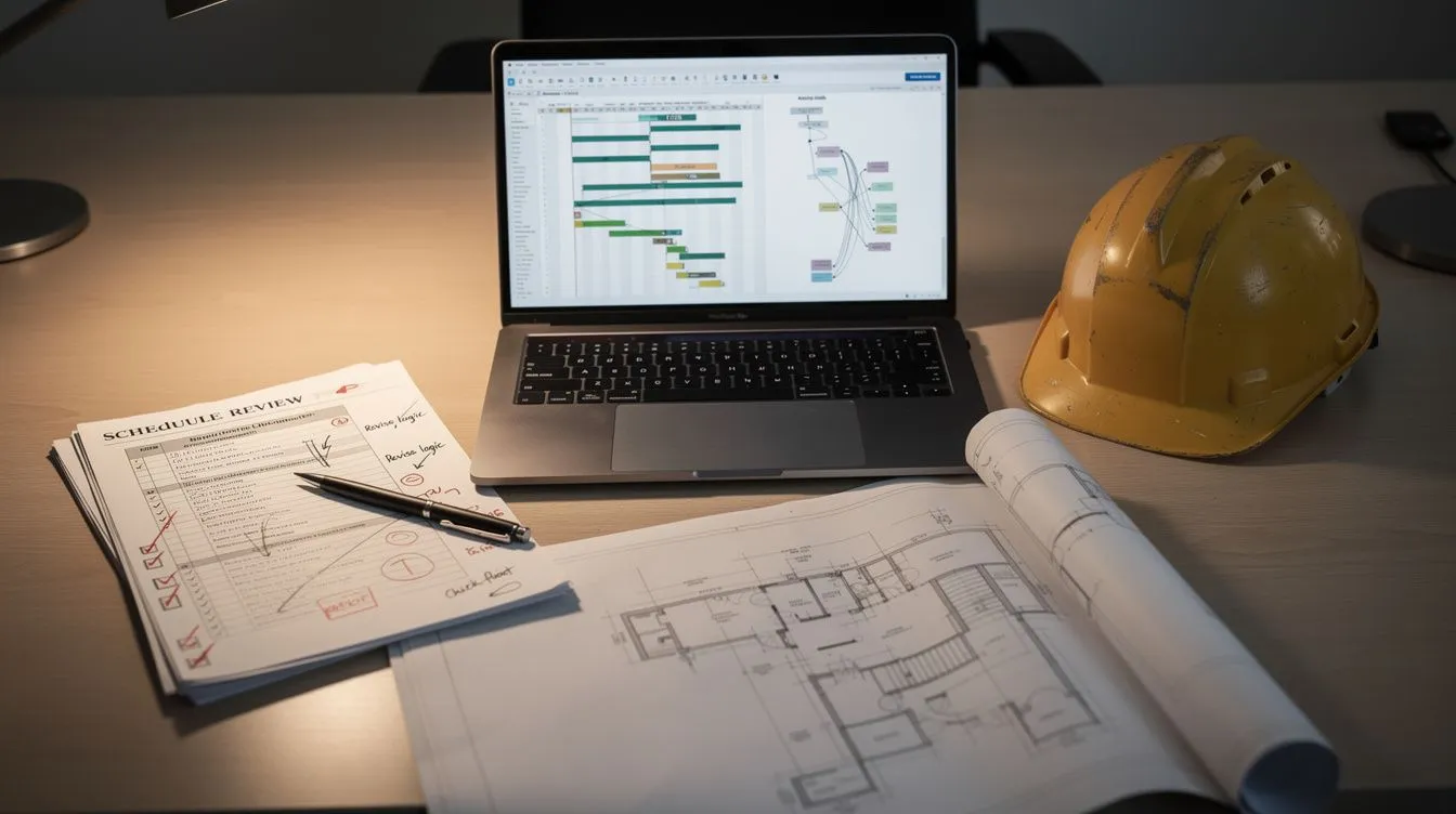 A project reviewer's desk with a laptop showing an abstract Primavera P6-style Gantt and activity-network view, beside a printed schedule-review checklist ticked and flagged in red pen, a hard hat and rolled construction drawings to one side