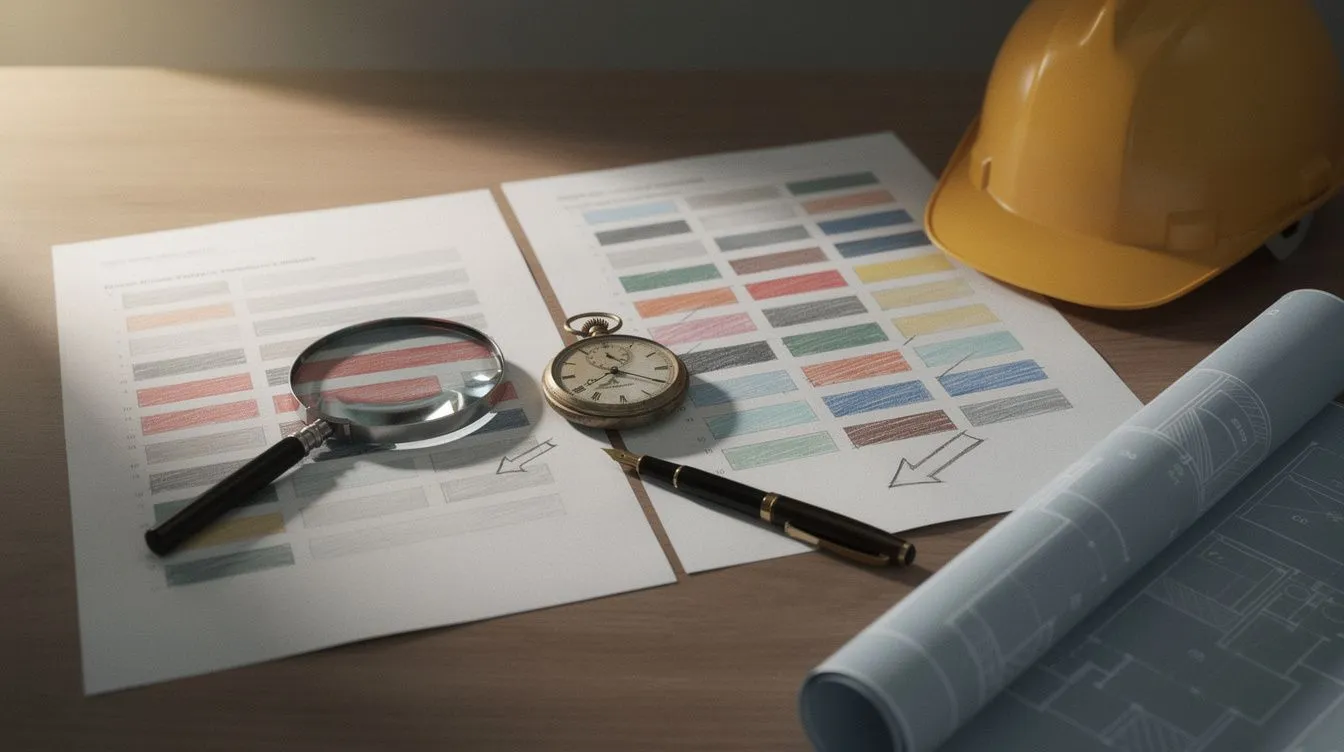 A delay analyst's desk with two printed construction bar-chart programmes side by side: the left one has bars highlighted in red with a forward pencil arrow, the right one annotated by hand in reverse, a brass pocket watch resting between them, a magnifying glass over the red bars, a fountain pen, a hard hat and a partly unrolled blueprint to one side