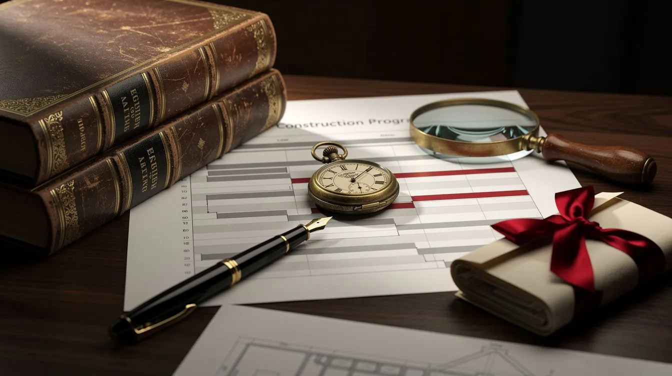 Physical artifacts on a dark desk: two bound English law reports stacked beside a printed construction programme with a Gantt chart and red critical-path bars highlighted, an antique brass pocket watch resting on the timeline, a fountain pen, documents tied with red barrister's ribbon, a magnifying glass, blueprint corner